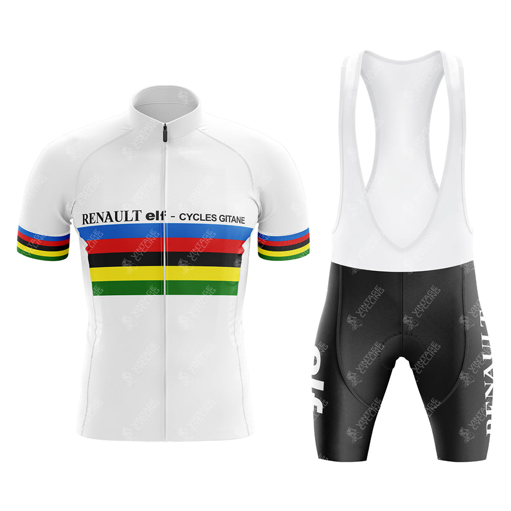 The Renault Elf Gitane Retro Cycling Jersey Set celebrates the Tour de France with a white short-sleeve jersey featuring vibrant blue, red, black, yellow, and green stripes and RENAULT elf - CYCLES GITANE. Paired with black bib shorts adorned with elf on the side.