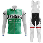 The FYNSEC Retro Long Sleeve Cycling Set offers a green and white jersey and bib tights adorned with FYNSEC and HELYETT HUTCHINSON logos, featuring red, white, and blue cuff accents. Comes with an optional gel seat pad for extra comfort.
