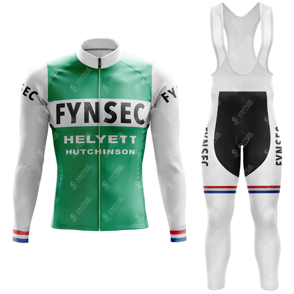 The FYNSEC Retro Long Sleeve Cycling Set offers a green and white jersey and bib tights adorned with FYNSEC and HELYETT HUTCHINSON logos, featuring red, white, and blue cuff accents. Comes with an optional gel seat pad for extra comfort.