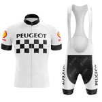 The PEUGEOT White Black Retro Short Sleeve Cycling Set features a white jersey and bib shorts with a black checkered pattern. The iconic PEUGEOT logo decorates the jersey and shorts, while Shell logos are on the sleeves. The bib shorts have straps with classic black side panels.