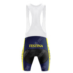 The FESTINA Retro Short Sleeve Cycling Set features blue and yellow cycling bib shorts with FESTINA text, a white upper section with straps, retro-style vertical yellow side stripes, and a logo on the back. Sizing guidance is available.