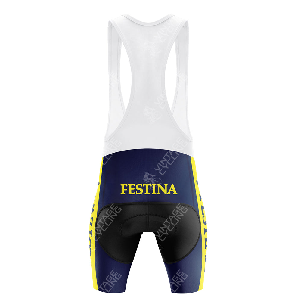 The FESTINA Retro Short Sleeve Cycling Set features blue and yellow cycling bib shorts with FESTINA text, a white upper section with straps, retro-style vertical yellow side stripes, and a logo on the back. Sizing guidance is available.