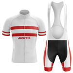The Denmark Men Short Sleeve Cycling Set features a white jersey with red horizontal stripes and "DENMARK" in red, paired with matching bib shorts accented in black and red for a stylish look.