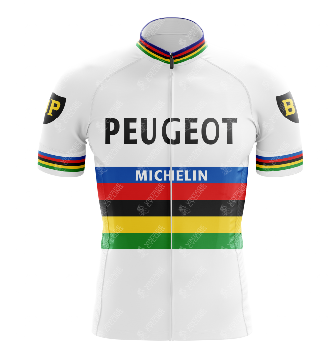 The Peugeot BP Michelin Retro Cycling Jersey is white with rainbow stripes on the sleeves, waist, and collar. It displays PEUGEOT and MICHELIN logos on the chest, reminiscent of Eddy Merckxs era. The sleeves have a shield emblem for an authentic vintage touch.