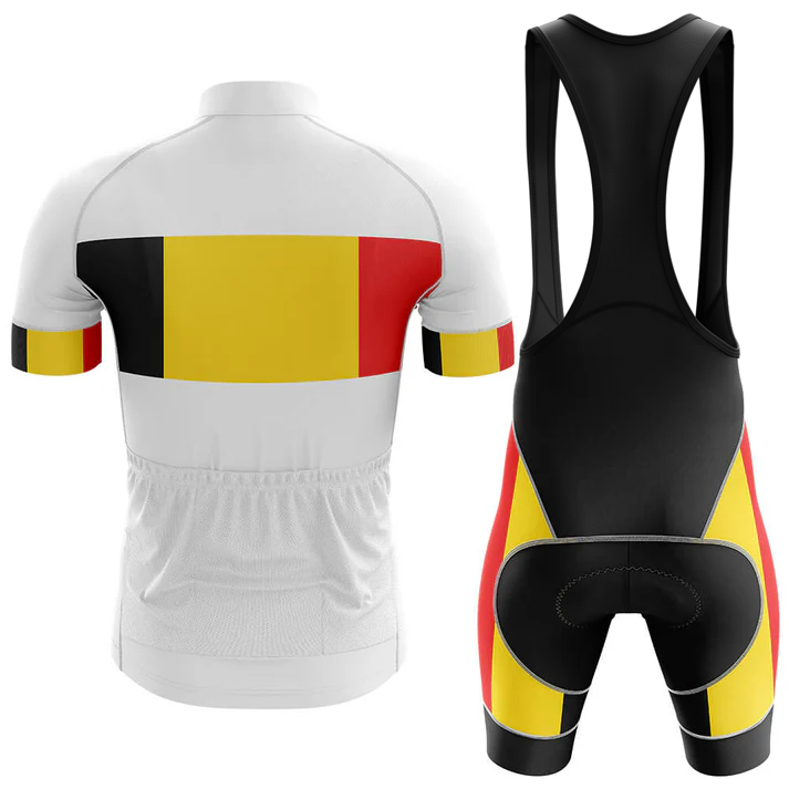 The Rock Chalk KU Men Short Sleeve Cycling Set features a performance jersey and black bib shorts inspired by the Belgian flag’s black, yellow, and red on a predominantly white design.