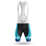 The Sugar Skull Men Short Sleeve Cycling Set features performance bib shorts with a white upper, black middle, and blue legs. "FELT" is printed in white on both thighs, and the shorts are shown against a white background.