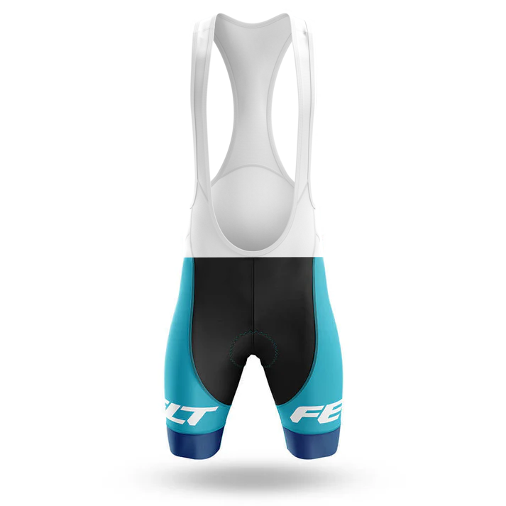 The Sugar Skull Men Short Sleeve Cycling Set features performance bib shorts with a white upper, black middle, and blue legs. "FELT" is printed in white on both thighs, and the shorts are shown against a white background.
