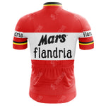 The image showcases a red and white MIKO Purple Retro Cycling Jersey with Mars and Flandria logos. It features black, yellow, and red-striped sleeves, a full-length front zipper, lightweight polyester fabric, and three convenient lower back pockets.