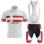 The USMC Cycle Corps Men Short Sleeve Cycling Set is white with red horizontal stripes, "DENMARK" text, red accents inspired by the Danish flag, and features a full front zipper for comfort and style.