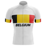 The Rock Chalk KU Men Short Sleeve Cycling Set is a white cycling jersey with bold black, yellow, and red stripes across the chest and sleeves, "BELGIUM" lettering, and a classic design for fans of standout performance gear.