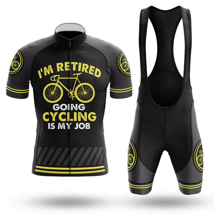 10th Mountain Division men’s short sleeve cycling set with bike graphic and “IM RETIRED GOING CYCLING IS MY JOB” text. Moisture-wicking jersey and bib shorts include yellow-striped accents and circular bike logos for comfort and style.