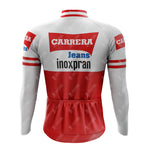 The 1984 CARRERA Retro Long Sleeve Cycling Jersey set displays red and white color blocks with CARRERA, Jeans, and inoxpran on the back. This fleece option includes long sleeves and multiple bottom pockets for convenience.