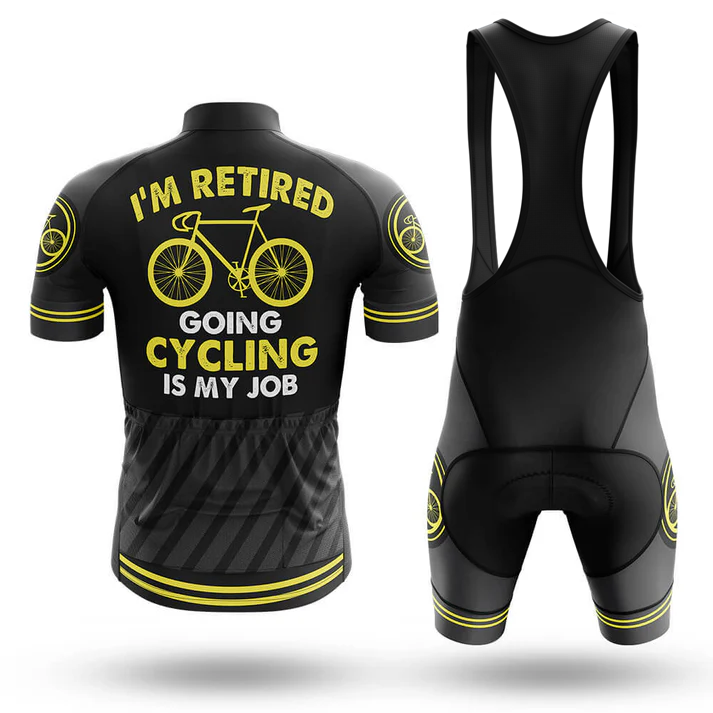 The 10th Mountain Division Men Short Sleeve Cycling Set features a black and yellow design with circular bike logos on sleeves and shorts. The jersey’s back says "IM RETIRED GOING CYCLING IS MY JOB" with a bike graphic, plus moisture-wicking fabric keeps you cool.