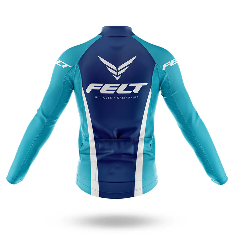 The Believe Men Long Sleeve Cycling Jersey in blue and teal features the FELT logo and FELT Bicycles California text on the back with white stripes—perfect as a cool weather jersey for Ohio University cycling fans.