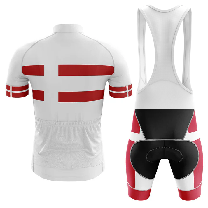 Front and back view of the USMC Cycle Corps Men Short Sleeve Cycling Set in white, featuring bold red stripes on the jersey back and striking red and black geometric panels on the bib shorts.