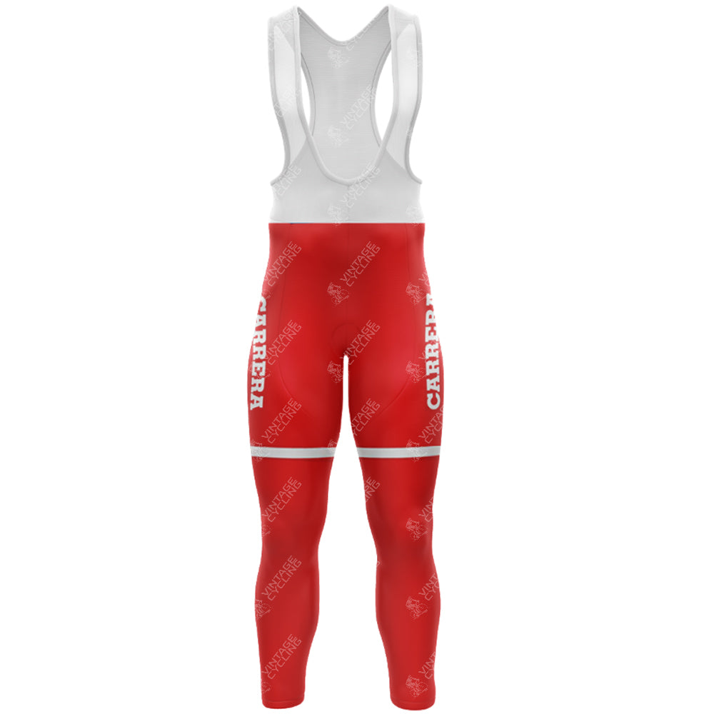 The 1984 CARRERA Retro Long Sleeve Cycling Set features red bib tights with bold CARRERA logo white side stripes. The upper part is white with a mesh design and straps, giving off a retro aesthetic. Equipped with a gel seat pad, the bib offers a sleek aerodynamic build.