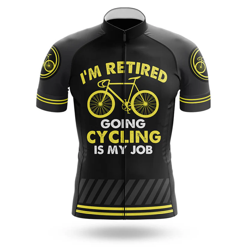 The 10th Mountain Division Men Short Sleeve Cycling Set is a black, moisture-wicking jersey with yellow accents, a bicycle graphic, "IM RETIRED GOING CYCLING IS MY JOB" text on the front, and yellow wheel designs on the sleeves.