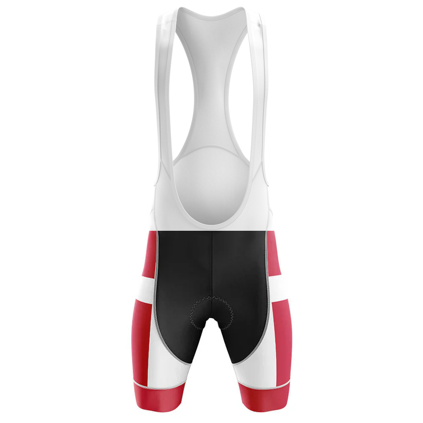 The USMC Cycle Corps Men Short Sleeve Cycling Set features bib shorts with white shoulder straps, black seat area, and red and white side panels, perfect for a coordinated look, shown on a plain white background.