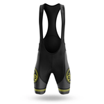 The 10th Mountain Division Men Short Sleeve Cycling Set features black bib shorts with yellow accents and circular logos, seen from the back on a white background. Pair with a matching moisture-wicking jersey for a stylish cycling outfit.