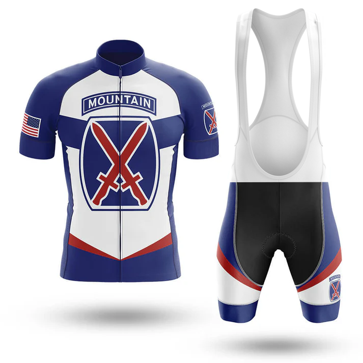 The Awesome Grandpa Men Short Sleeve Cycling Set features a blue, white, and red design with a large crossed-swords badge, "MOUNTAIN" text above it, an American flag on the sleeve, and matching performance cycling jersey details.