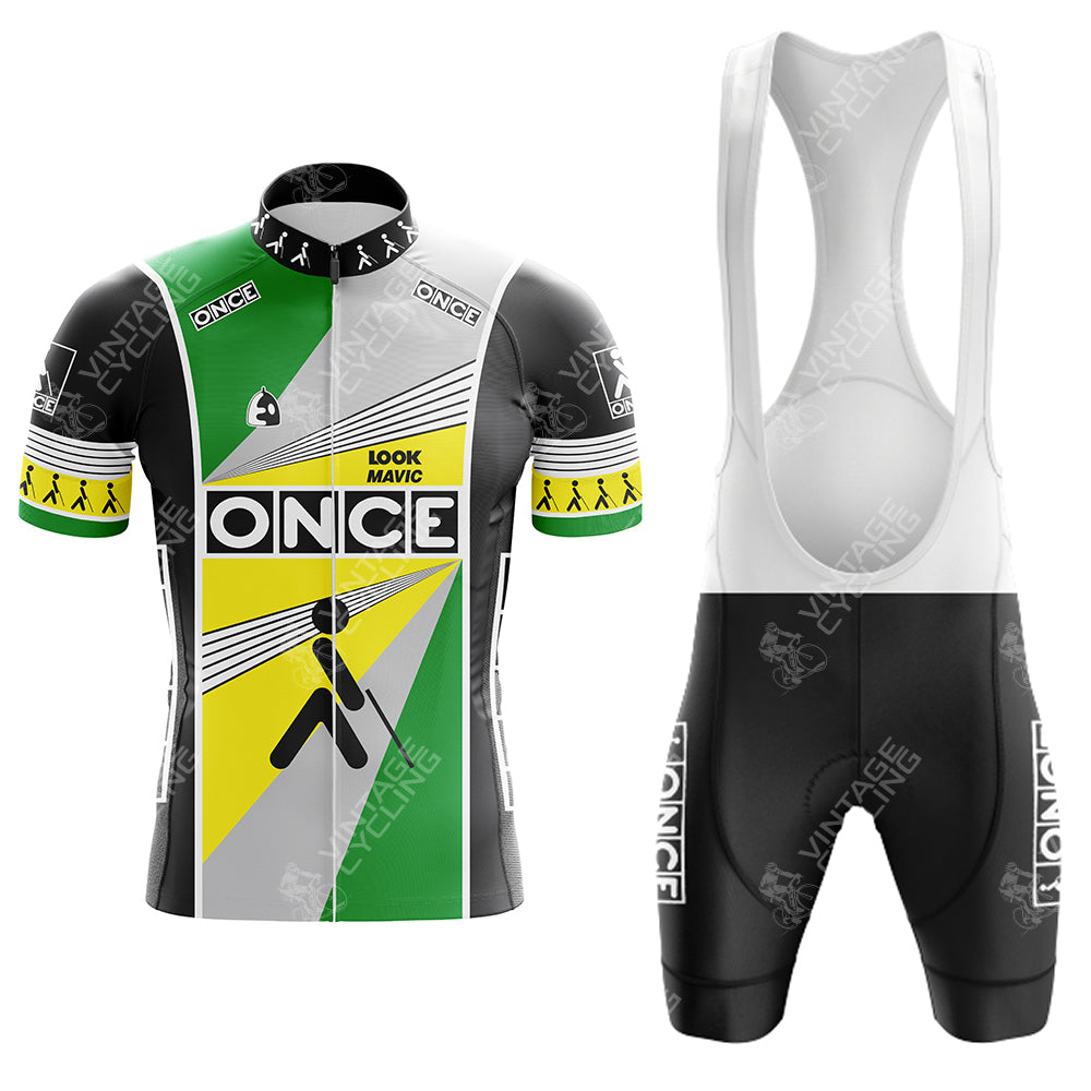The PDM ULTIMA Retro Short Sleeve Cycling Set includes a geometric-patterned jersey in green, yellow, and white with ONCE branding and vintage-style black bib shorts featuring matching logos.