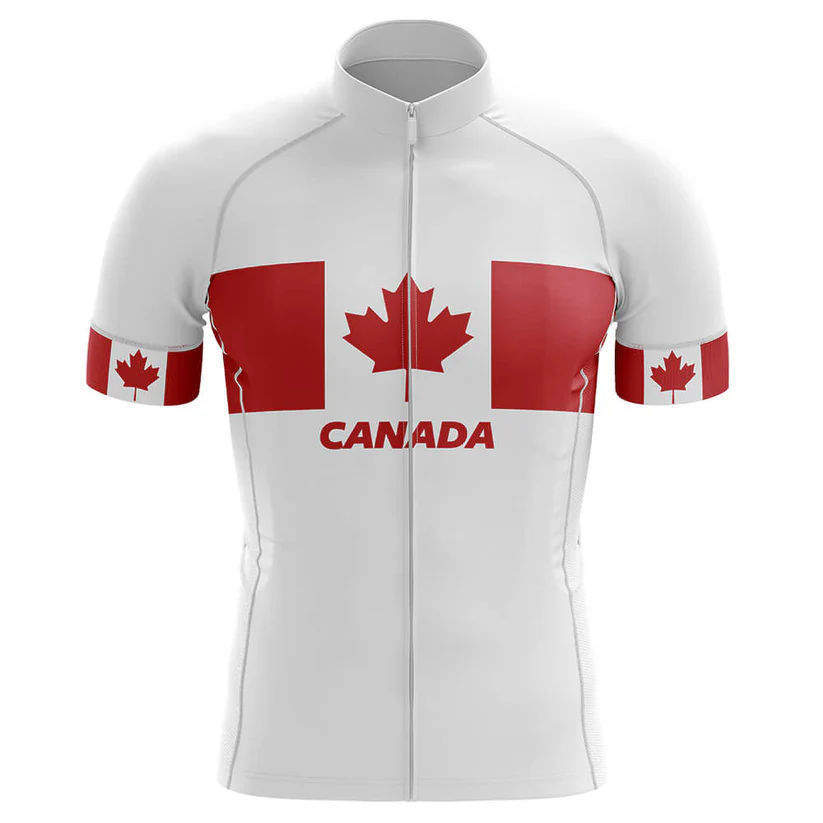 White performance cycling jersey for Belgium with red Canadian flags on the chest and sleeves, red maple leaf center, "CANADA" below the leaf, front zipper—ideal for any Belgium Men Short Sleeve Cycling Set.