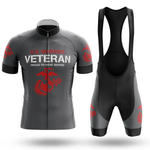 A men's performance cycling set in black and gray, featuring red U.S. Marines logos and "U.S. MARINES VETERAN PROUD TO HAVE SERVED" text—an ideal Austrian Men Short Sleeve Cycling Set for proud USMC veterans.