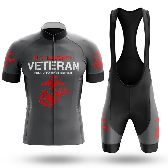 A men's performance cycling set in black and gray, featuring red U.S. Marines logos and "U.S. MARINES VETERAN PROUD TO HAVE SERVED" text—an ideal Austrian Men Short Sleeve Cycling Set for proud USMC veterans.