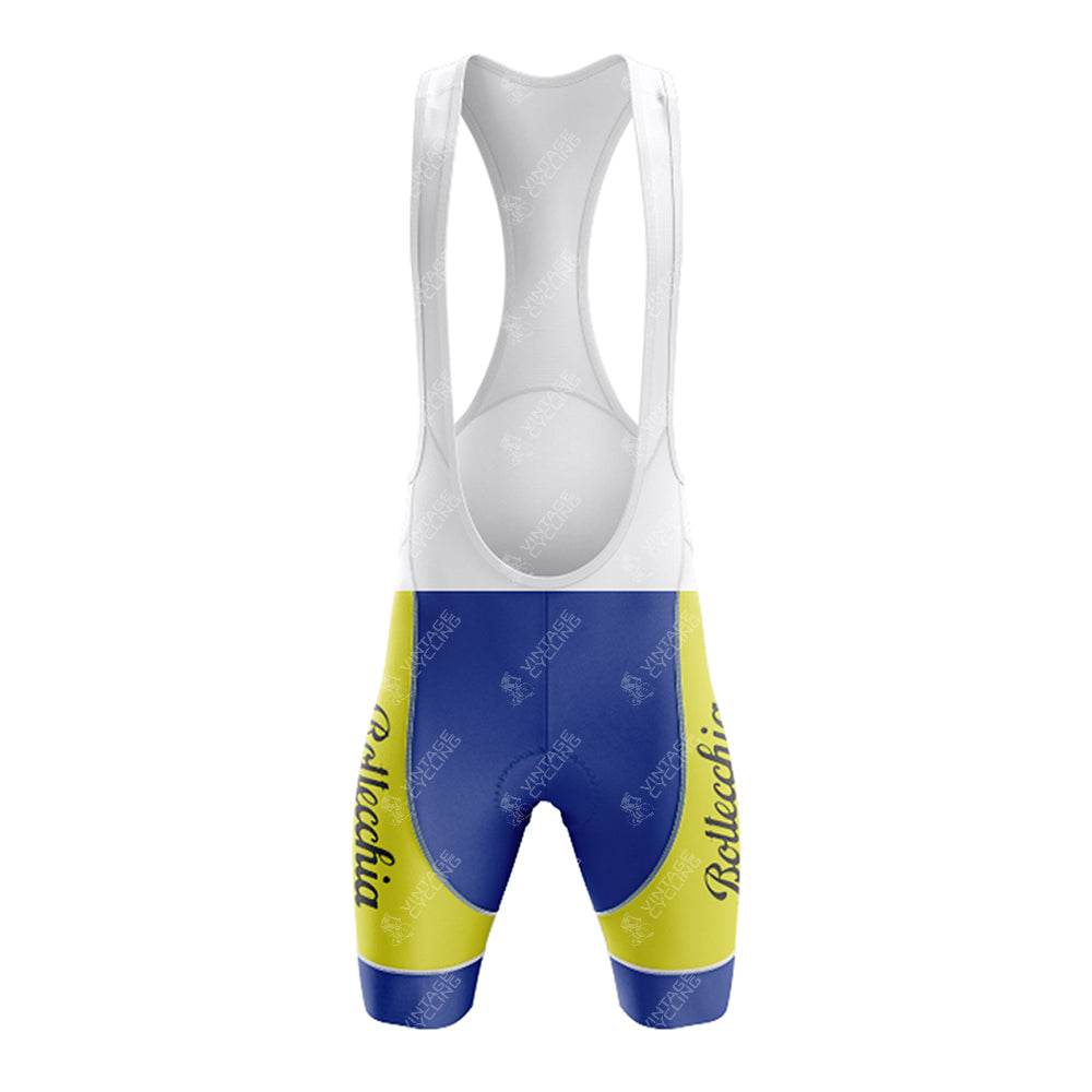 These cycling bib shorts feature Bottecchia on the thighs, a vintage design with a white upper and color-blocked blue, yellow, and white shorts. Pair them with the 1989 ADR Retro Short Sleeve Cycling Set for an authentic retro look.