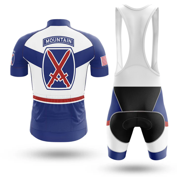 The Awesome Grandpa Men Short Sleeve Cycling Set includes a blue, white, and red jersey with crossed red swords on a shield, "MOUNTAIN" text, and an American flag patch. Matching bib shorts feature the same colors and a black padded seat area.