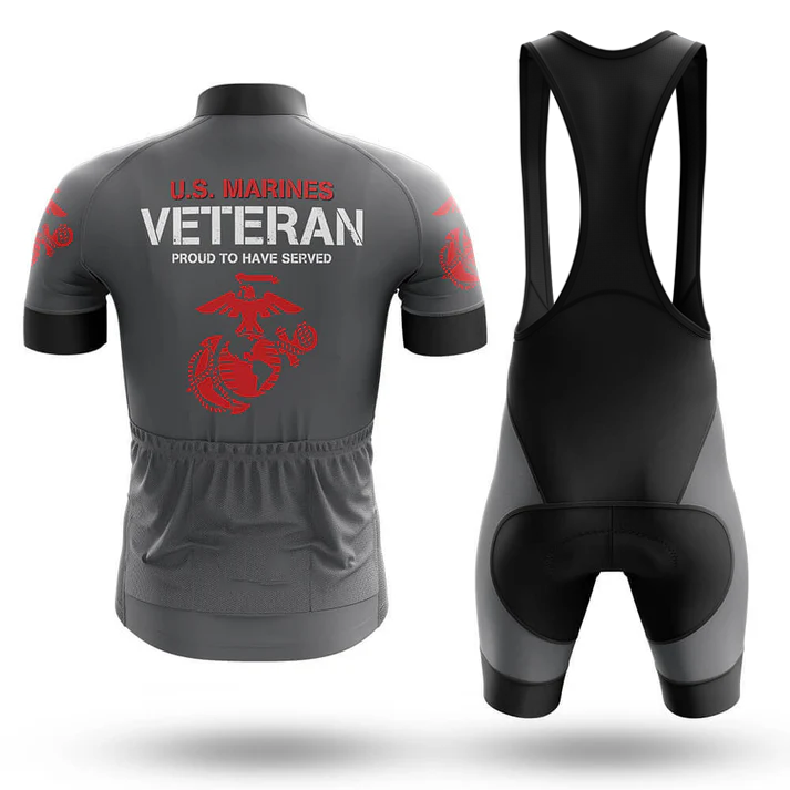 Austrian Men Short Sleeve Cycling Set. The jersey features “U.S. Marines Veteran: Proud to Have Served” and a red Marine Corps emblem on the back, with black and red accents for premium men's performance cycling apparel.