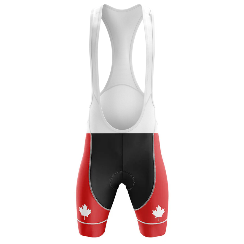 The Belgium Men Short Sleeve Cycling Set features a cycling bib with a white top and red/black bottoms, adorned with white maple leaf symbols, and pairs perfectly with the performance cycling jersey for standout style.