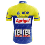 The back view of the 1989 ADR Retro Short Sleeve Cycling Set cycling jersey showcases sponsors logos and race number 141, with Greg Lemond and RICOH printed twice on the lower back, embodying vintage cycling style.