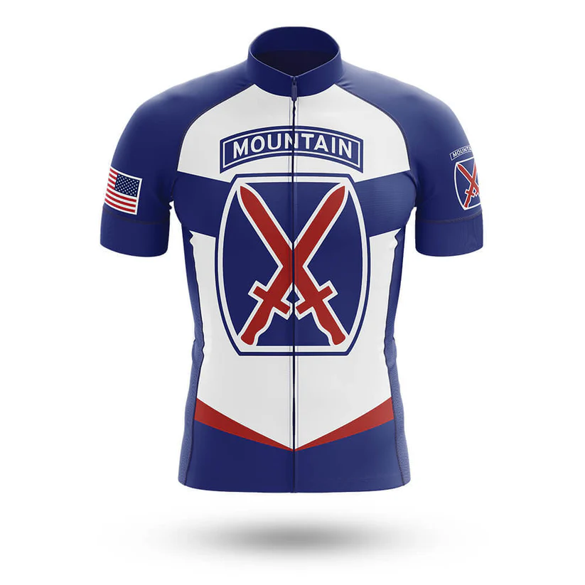 The Awesome Grandpa Men Short Sleeve Cycling Set features blue and white colors, “MOUNTAIN” text with a crossed-swords emblem on the chest, an American flag on the right sleeve, and a crest on the left—ideal for Chicago cyclists.