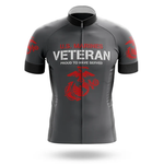 The Austrian Men Short Sleeve Cycling Set is a gray performance jersey with "U.S. MARINES VETERAN PROUD TO HAVE SERVED" and red Marine Corps emblems printed on the front and sleeves.