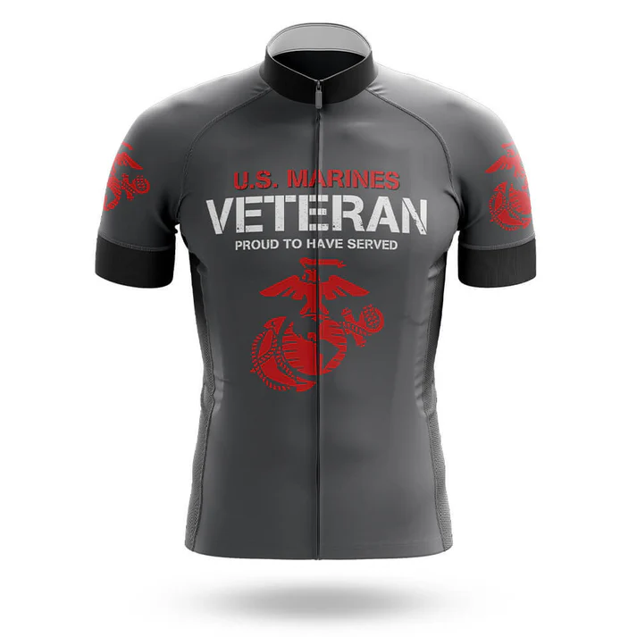 The Austrian Men Short Sleeve Cycling Set is a gray performance jersey with "U.S. MARINES VETERAN PROUD TO HAVE SERVED" and red Marine Corps emblems printed on the front and sleeves.