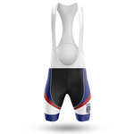 The Awesome Grandpa Men Short Sleeve Cycling Set includes bib shorts with white straps, a black central panel, blue, red, and white accents to match Chicago kits, plus a crest detail on the left leg near the hem.