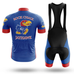 A blue Ohio State men short sleeve cycling set with red accents, featuring performance jersey and bib shorts shown from the back.