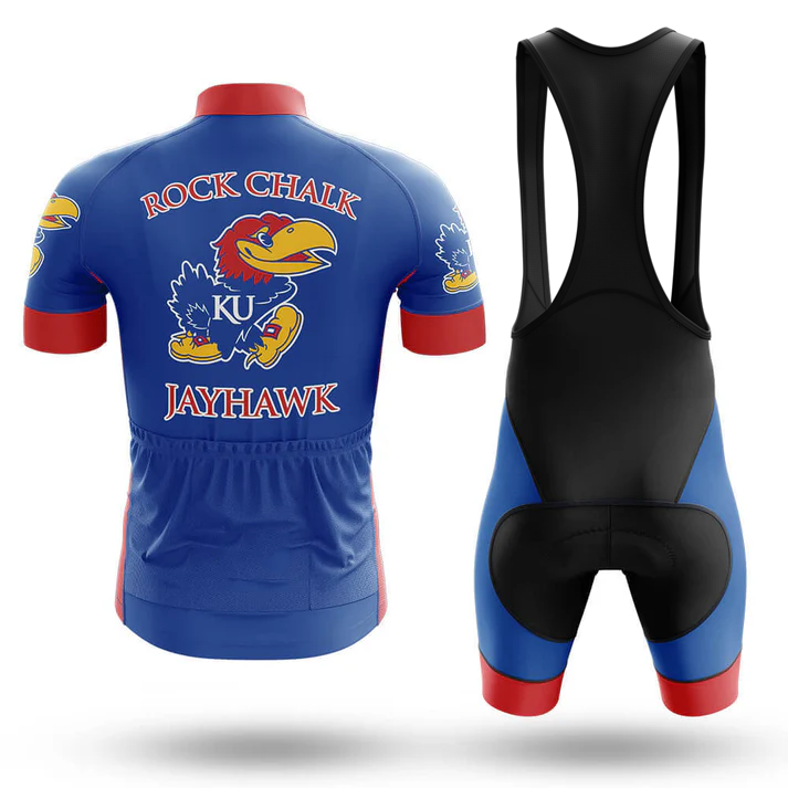 A blue Ohio State men short sleeve cycling set with red accents, featuring performance jersey and bib shorts shown from the back.