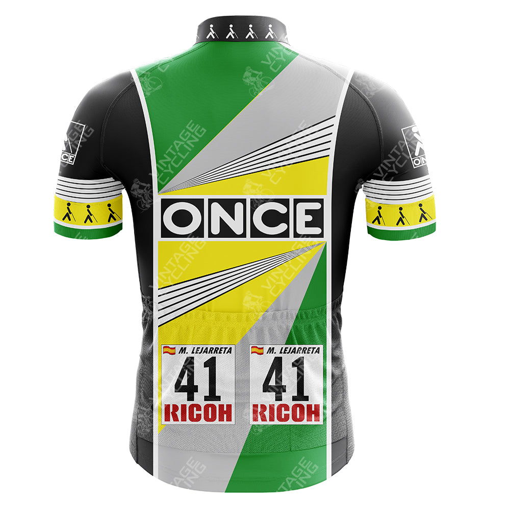 The PDM ULTIMA Retro Short Sleeve Cycling Set features yellow, green, and white geometric patterns. The word ONCE is displayed prominently with the number 41 and the name M. Lejarreta on the back in a classic short sleeve design.