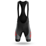 The Austrian Men Short Sleeve Cycling Set features black and gray bib shorts with red thigh graphics, shoulder straps, and a padded seat, shown on a white background.