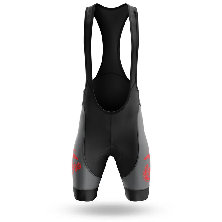 The Austrian Men Short Sleeve Cycling Set features black and gray bib shorts with red thigh graphics, shoulder straps, and a padded seat, shown on a white background.