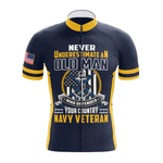 The U.S.Navy V3 Men Short Sleeve Cycling Set is navy blue with yellow stripes, a U.S. flag sleeve patch, and the text: Never underestimate an old man who defended your country, plus anchor and American flag graphics.