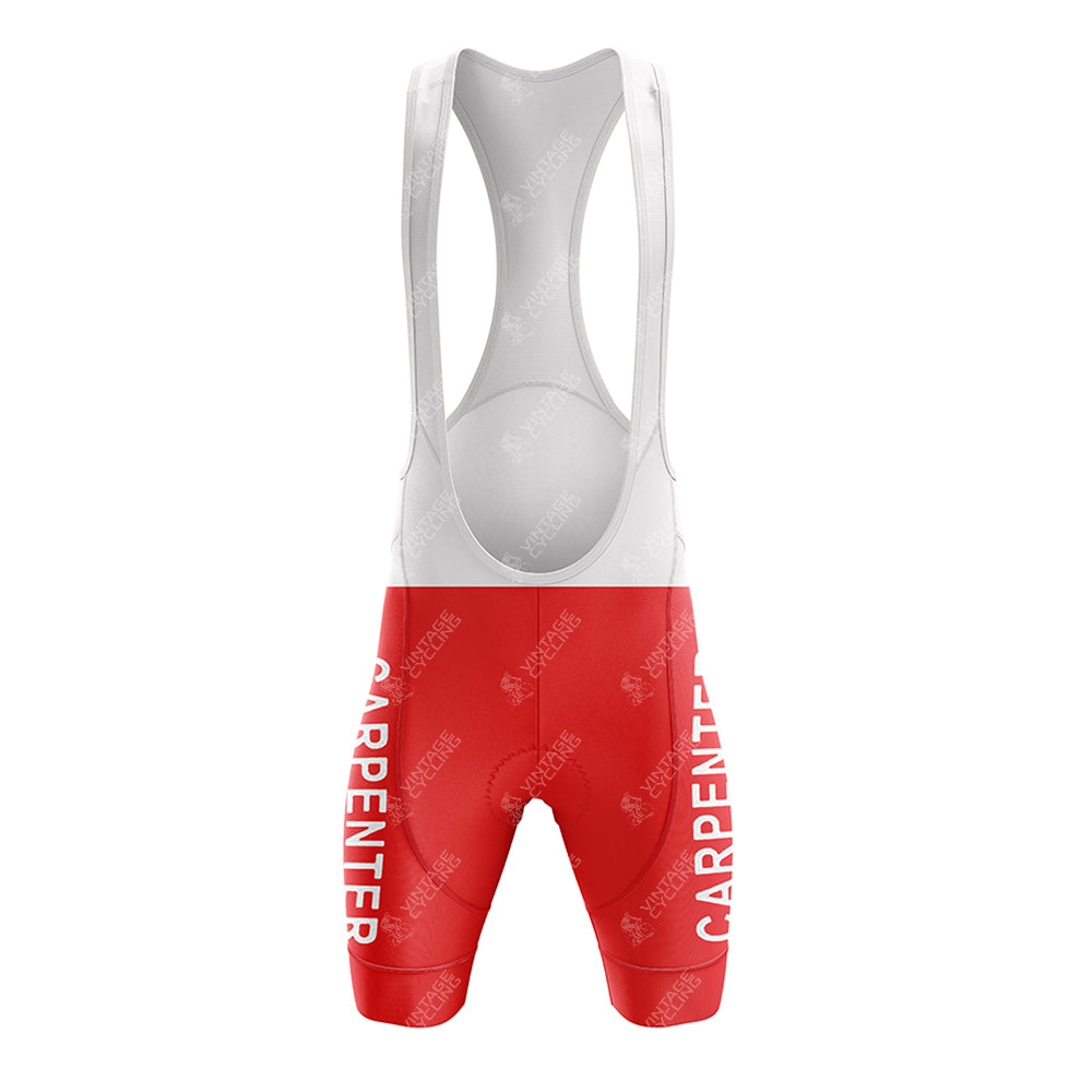 Red and white cycling bib shorts with CARPENTER on the legs echo a vintage cycling era. The upper white section blends into vibrant red shorts, featuring breathable mesh straps. This retro-inspired piece mirrors the iconic 1972 SHIMANO style from the Retro Short Sleeve Cycling Set.