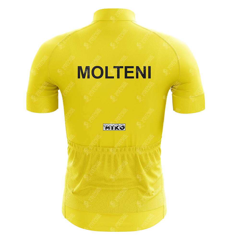 A red-yellow short-sleeved TI-Raleigh Retro Cycling Set viewed from the back, featuring bold black TI-Raleigh lettering and a small logo—ideal for fans of classic customizable cycling gear.
