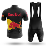 The Red Bull V2 Men Short Sleeve Cycling Set (Copy) features a black jersey with bold red and yellow bull graphics, "Red Bull" text on the back, and matching black bib shorts for a high-performance cycling look.