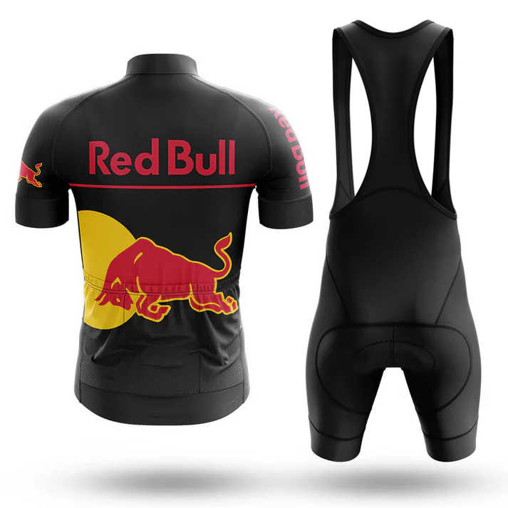 The Red Bull V2 Men Short Sleeve Cycling Set (Copy) features a black jersey with bold red and yellow bull graphics, "Red Bull" text on the back, and matching black bib shorts for a high-performance cycling look.