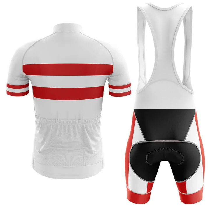 The Denmark Men Short Sleeve Cycling Set features a white jersey with two bold red stripes on the back and sleeves, paired with matching bib shorts with padded seat and red side panels, both displayed on a plain background.