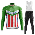 The Brooklyn Chewing Gum Retro Cycling Jersey Long Set, inspired by Roger de Vlaeminck, features green with red and white stripes and BROOKLYN on the chest. The set includes black bib tights with BROOKLYN on the side, blending classic style with modern performance. Fleece option available.