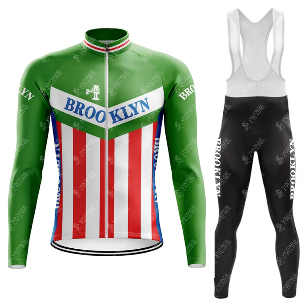 The Brooklyn Chewing Gum Retro Cycling Jersey Long Set, inspired by Roger de Vlaeminck, features green with red and white stripes and BROOKLYN on the chest. The set includes black bib tights with BROOKLYN on the side, blending classic style with modern performance. Fleece option available.